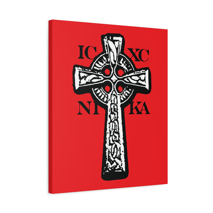 The ICXC NIKA Celtic Knotwork Cross is a traditional black and white Orthodox Christian wall art featuring "Jesus Christ Conquers" Greek letters on a vibrant red background.