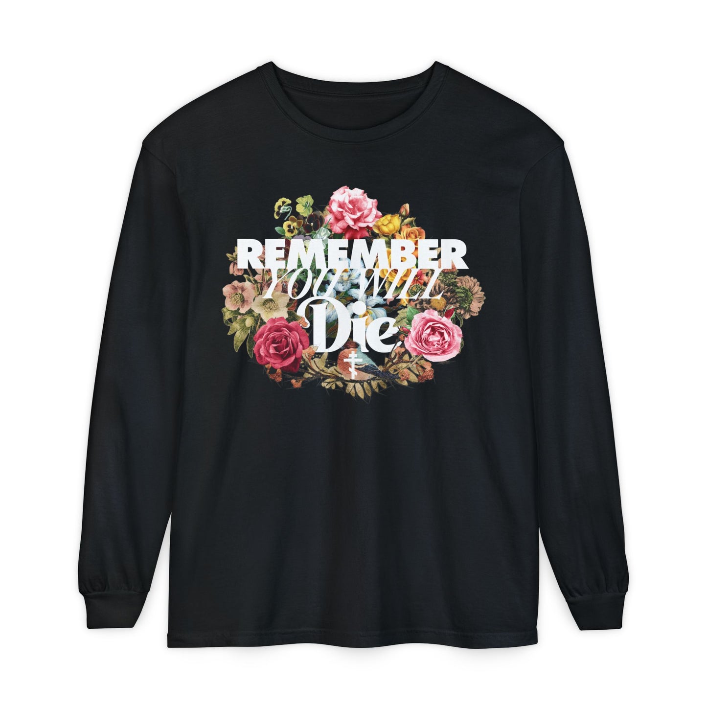 Black "Remember You Will Die" Orthodox long-sleeve cotton shirt features classic typography and a floral wreath design with a cross, inspired by the memento mori tradition.