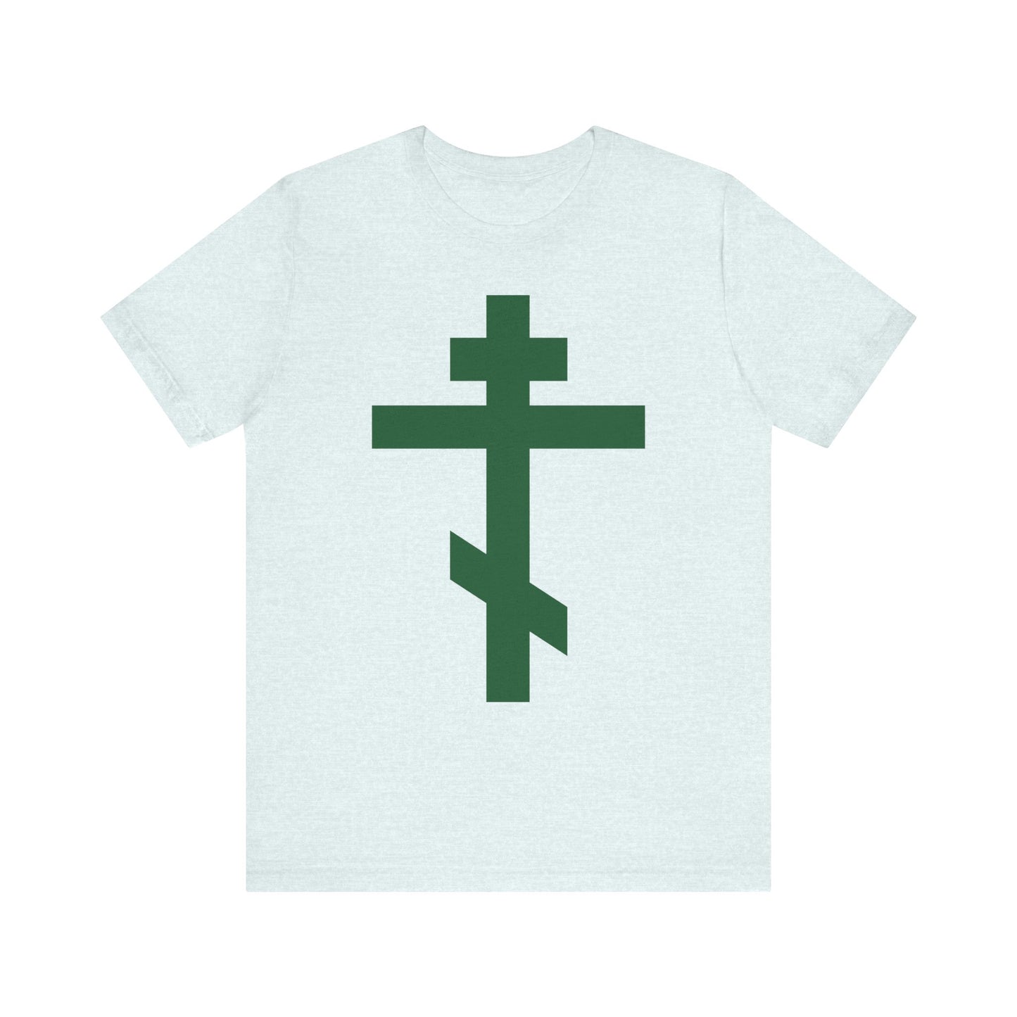 Heather ice blue unisex tee featuring a large forest green Orthodox tribar cross on the front, symbolizing salvation and Christ’s sacrifice. Lightweight cotton. "Preserve Thy People By Thy Cross, O Lord" | "Christ is King".