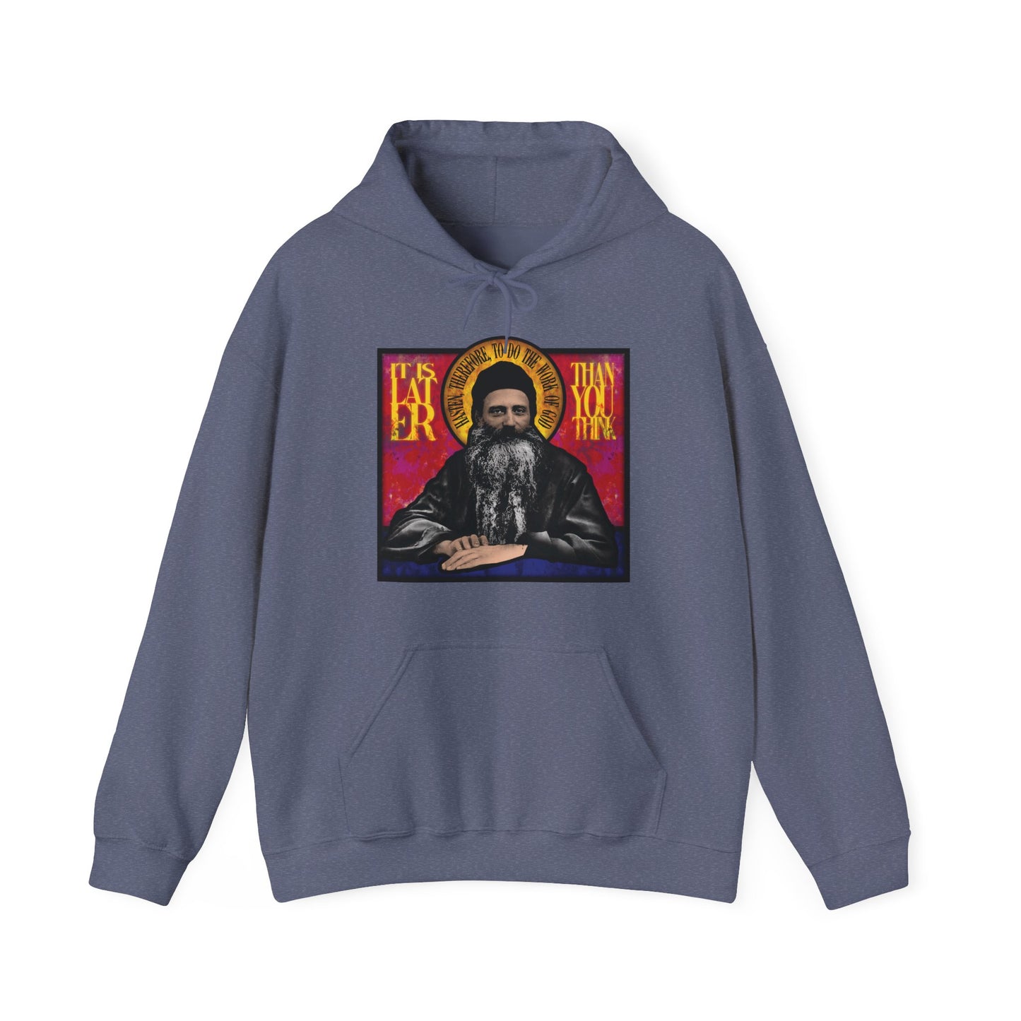 Heather navy hoodie featuring a stained glass design of Fr. Seraphim Rose and the text "It is later than you think"—a reminder to reflect on salvation and the Kingdom of Heaven.