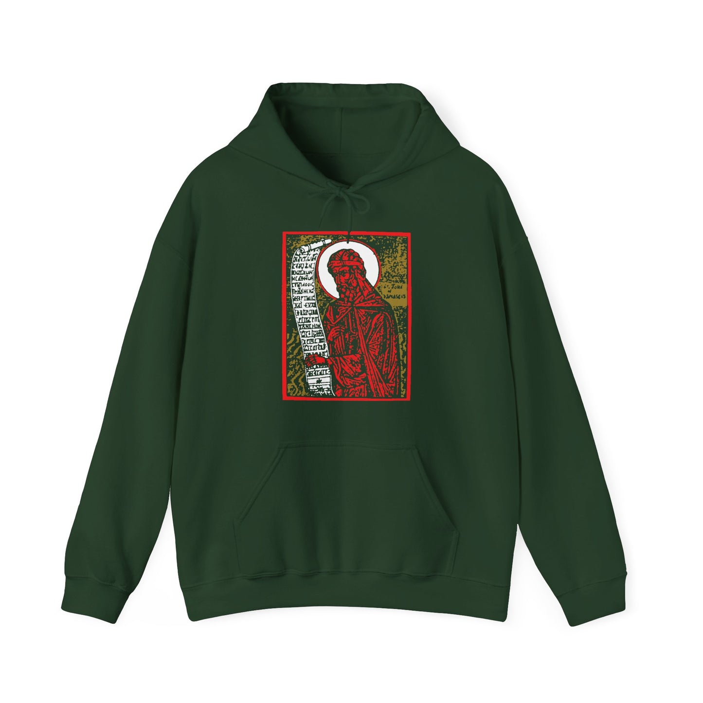 St. John of Damascus Icono-Graphic | Orthodox Christian Saint | Red Gold & Black High Contrast Design | Orthodox Christian Hoodie