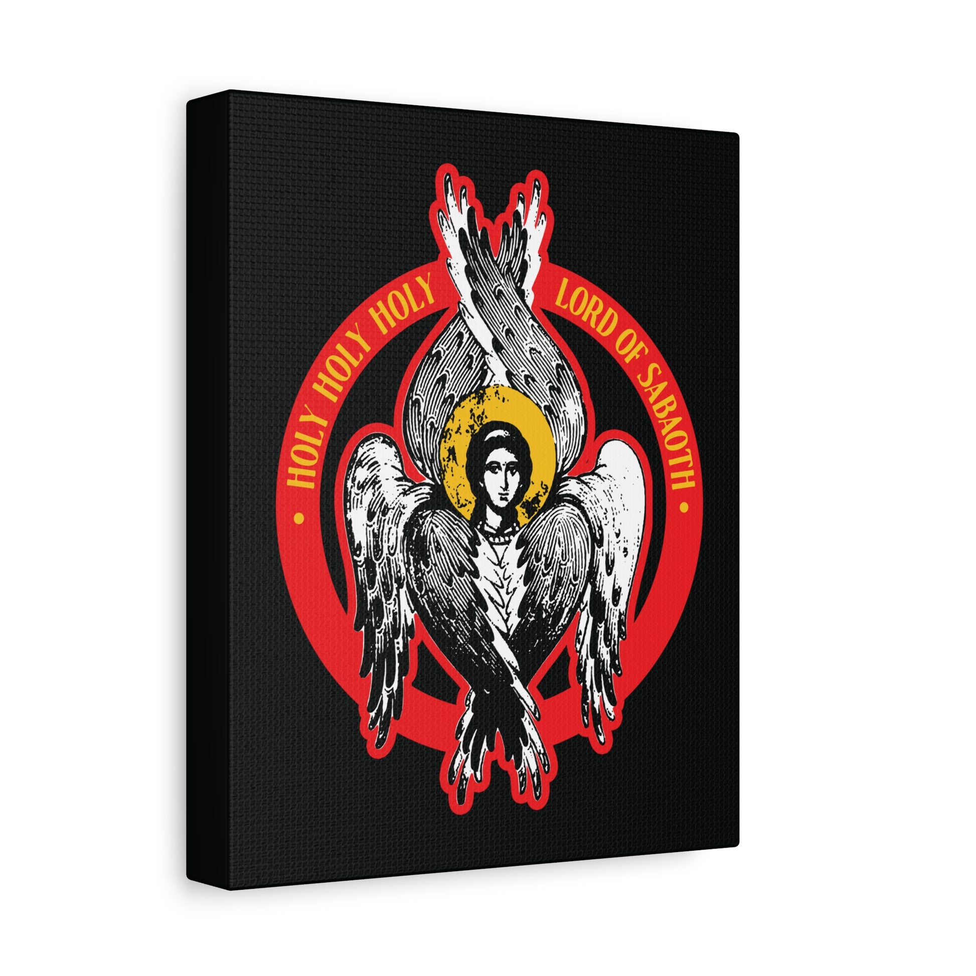 Illustration of a six-winged seraphim with halo and red “Holy Holy Holy Lord of hosts” text, inspired by Isaiah 6. Orthodox Seraphim Angel IconoGraphic Christian Wall Art—Holy Holy Holy, Lord of Sabaoth, Unseen Realm.