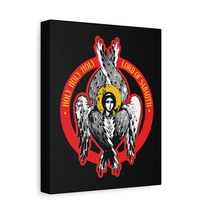 Illustration of a six-winged seraphim with halo and red “Holy Holy Holy Lord of hosts” text, inspired by Isaiah 6. Orthodox Seraphim Angel IconoGraphic Christian Wall Art—Holy Holy Holy, Lord of Sabaoth, Unseen Realm.