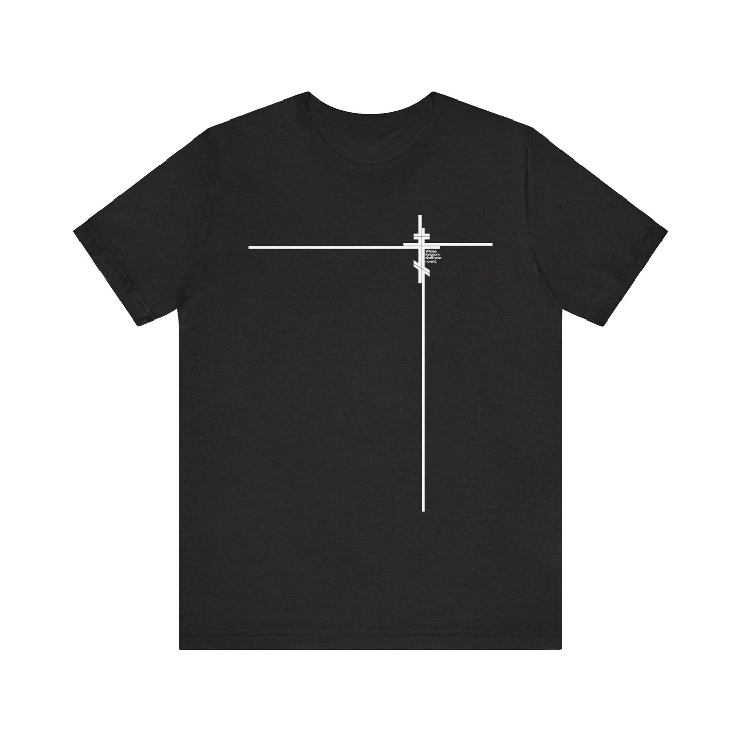 Black Heather t-shirt featuring a minimalist Orthodox cross and small abstract logo on the left chest, subtly inspired by Luke 1:32-33 and the concept of Christ’s everlasting kingdom.