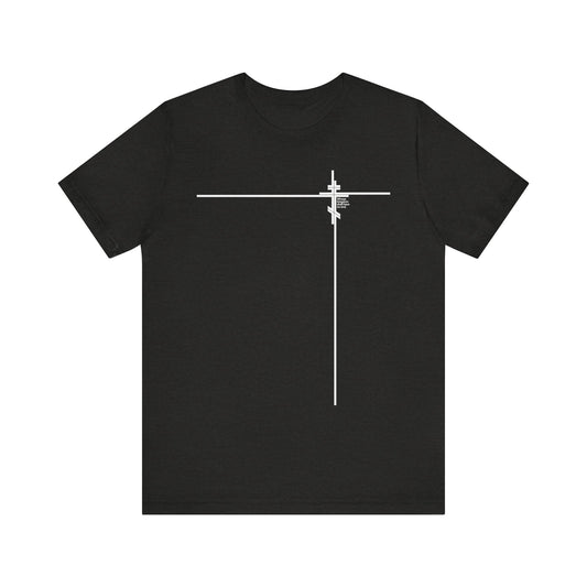 Black Heather t-shirt featuring a minimalist Orthodox cross and small abstract logo on the left chest, subtly inspired by Luke 1:32-33 and the concept of Christ’s everlasting kingdom.
