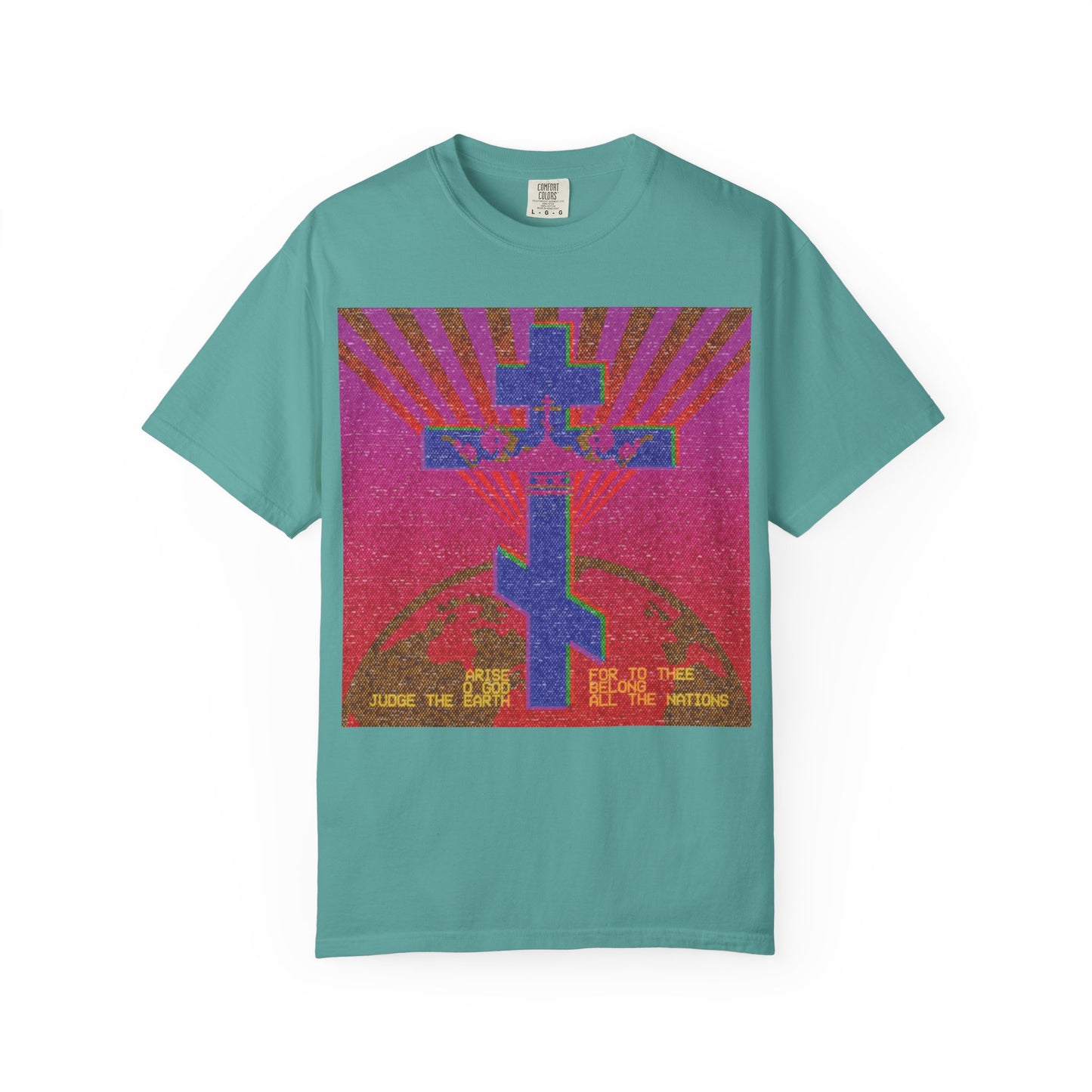 Seafoam t-shirt featuring a mosaic-style cross with radiating rays and retro yellow text at the bottom on a red backdrop, inspired by the “divine council” theme from Psalm 81. The design—titled “Arise, O God, Judge the Earth”—blends 80s retro VCR/computer monitor pixel art for an Orthodox Christian heavyweight cotton unisex tee.