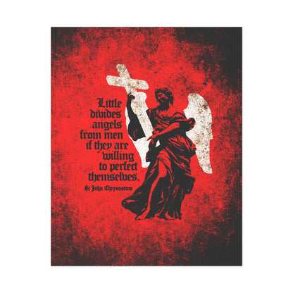 The "Little Divides Angels from Men" poster features a textured cemetery angel with a cross and wings on red, plus St John Chrysostom's quote in black text and "be ye holy." Orthodox Christian art for inspiring perfection.