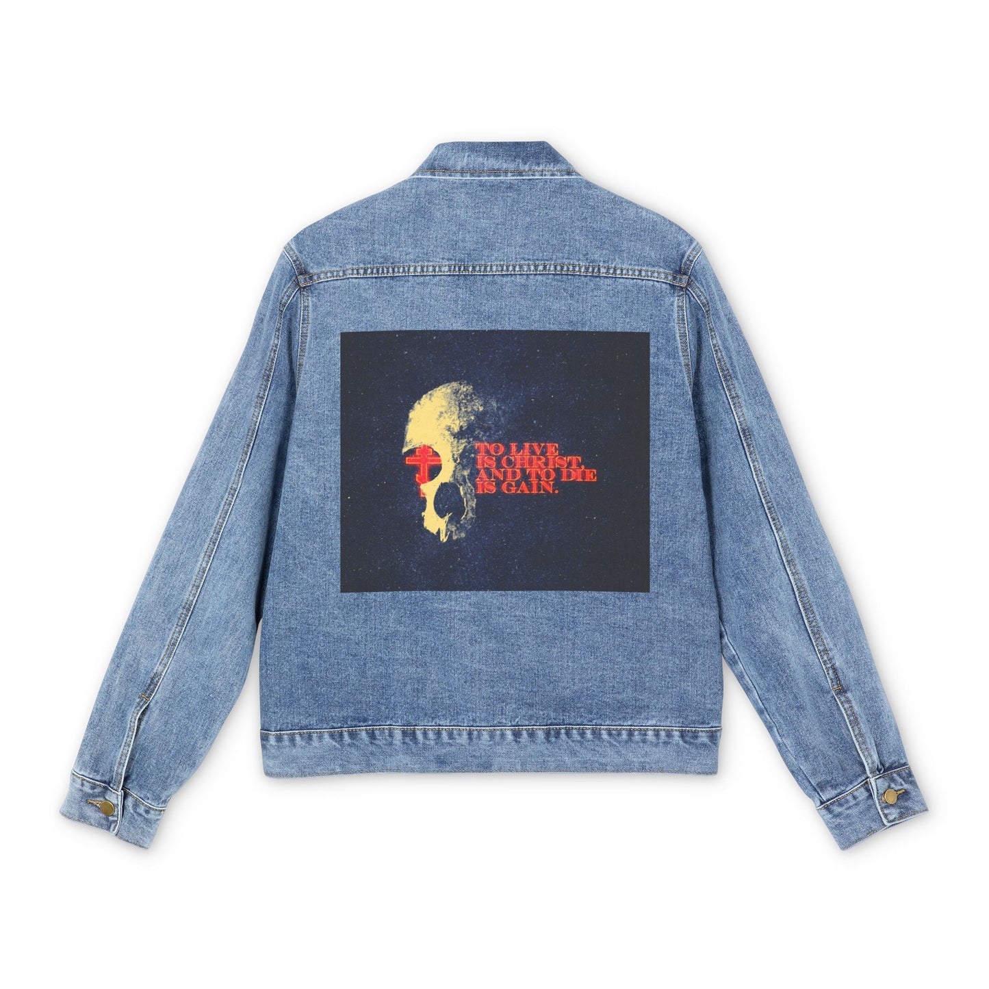 To Live is Christ and to Die is Gain | Phil 1:21 | Retro Texture | Glowing Letters and Cross with Skull | Orthodox Christian Blue Denim Jacket
