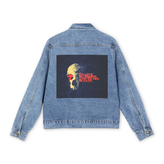 To Live is Christ and to Die is Gain | Phil 1:21 | Retro Texture | Glowing Letters and Cross with Skull | Orthodox Christian Blue Denim Jacket