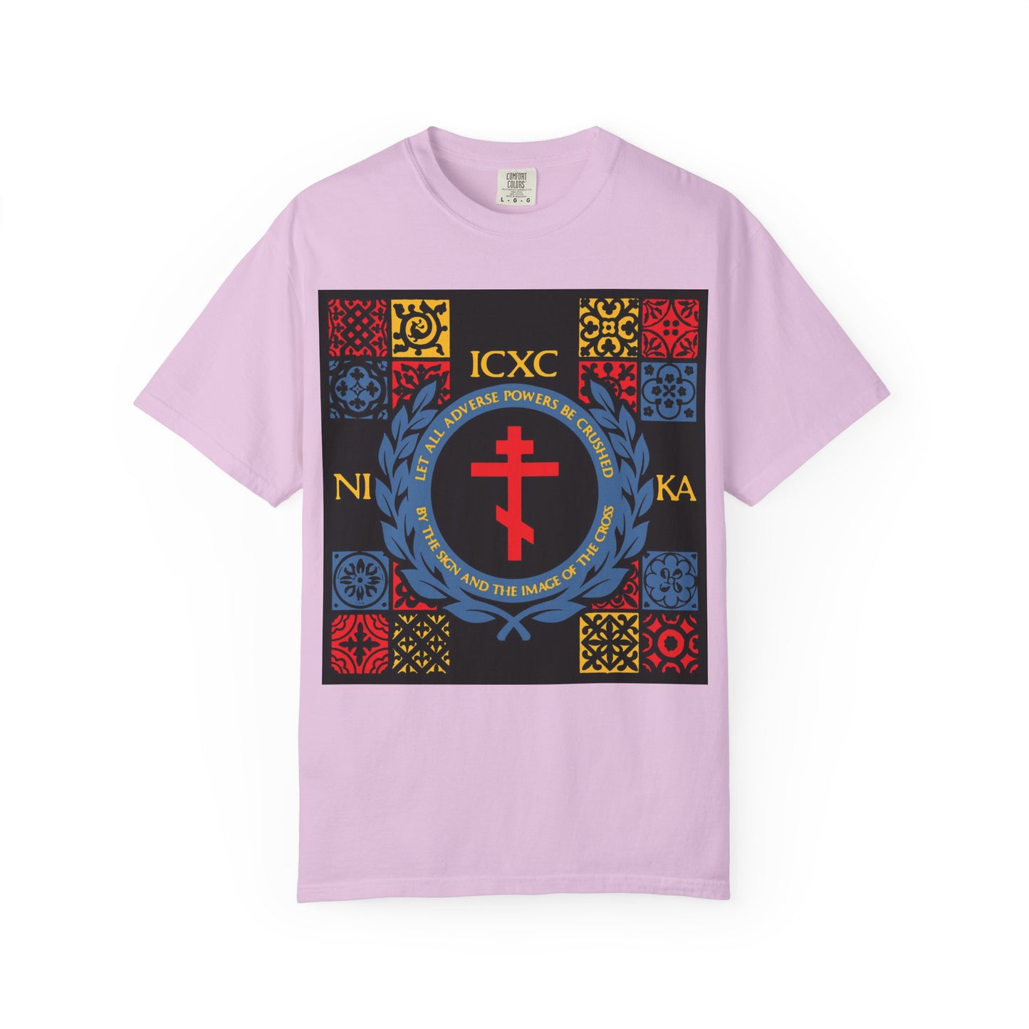 Orchid-colored heavyweight cotton unisex T-shirt featuring a vibrant red, yellow, and blue medieval tile design with a bold ICXC NIKA cross at the center, inspired by Byzantine symbolism reminiscent of Katavasia hymns and the triumph over adversity.