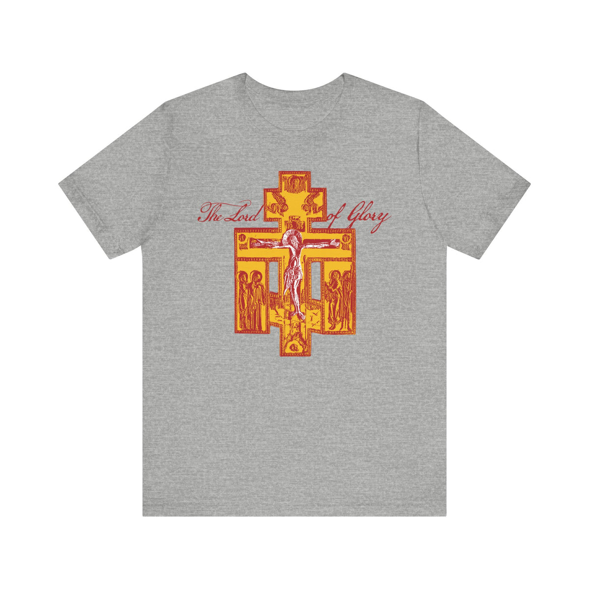 Athletic Heather unisex tee featuring a detailed Russian Golgotha Crucifix iconographic design in red and gold, with "The Lord of Glory" text above, inspired by the wisdom of God from 1 Corinthians 2:8.