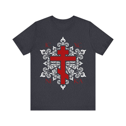 ICXC / NIKA Red Orthodox Cross on Ornate White Medieval Floral Design | Exclusive Best-Selling Orthodox Christian T-Shirt
