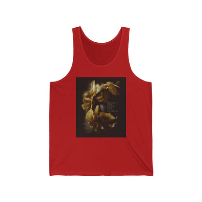 Red tank top featuring a photographic artwork and the text “Beauty Will Save the World”—inspired by Dostoevsky and glorifying Jesus Christ, Universal Creator & King—perfect for elevating everyday Christian style.