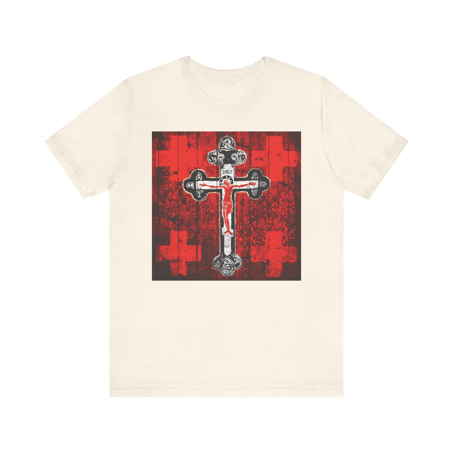 Natural unisex tee featuring the Alpha & Omega Art Cross, a Jesus Christ crucifix in red, white, and black Orthodox iconographic design, crafted from lightweight cotton.