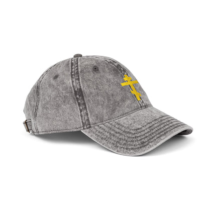 Simple yellow Orthodox TriBar Cross distressed cap: minimalist Christian design embroidered with a cross and "Crucify My Ego to the Precious and Life Giving Cross.