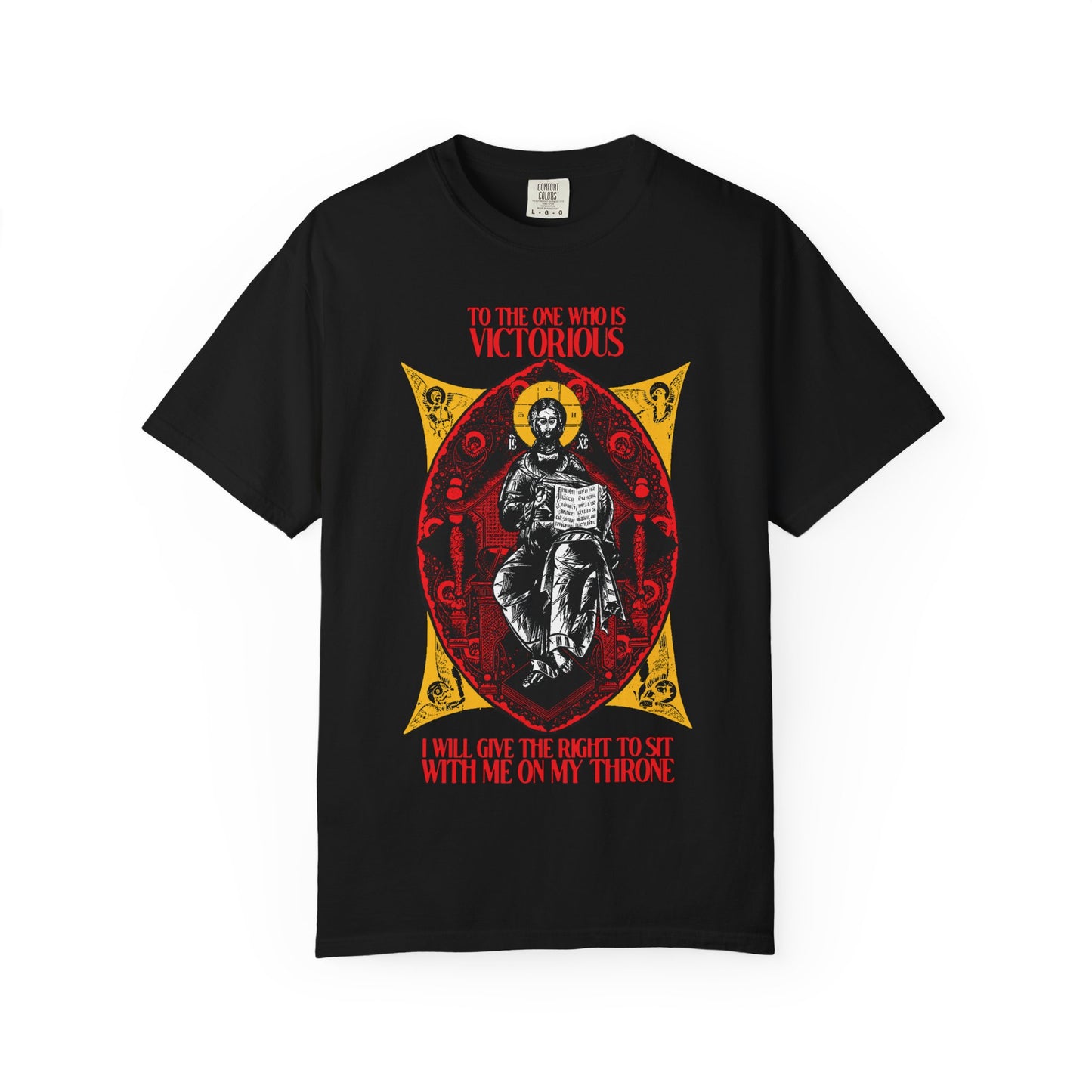 Black "Christ is King, Enthroned In Glory IconoGraphic" tee features a seated figure and "To the One Who Is Victorious" (Rev 3:21) text, inspired by the heavenly promise. Orthodox Christian heavyweight cotton unisex shirt.