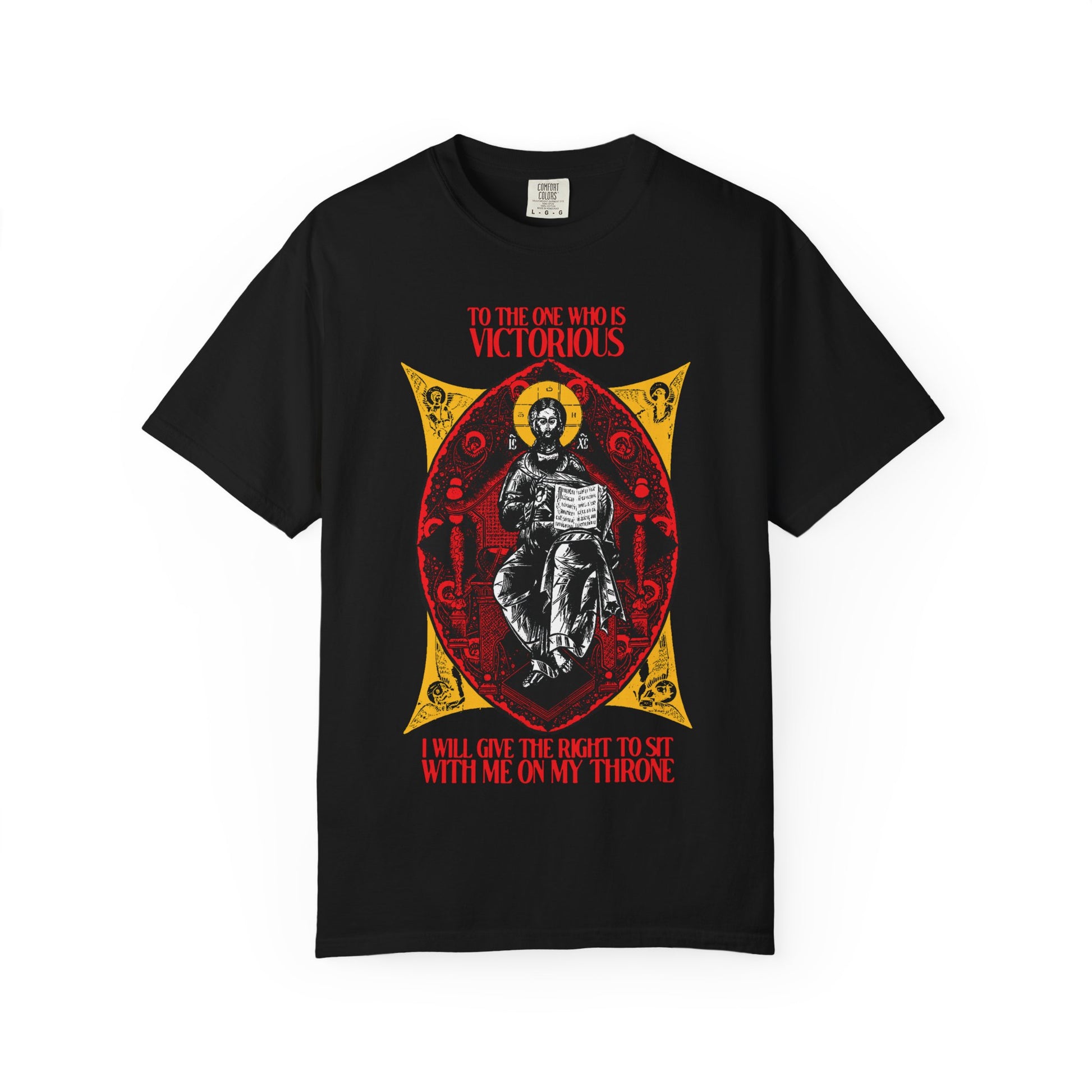 Black "Christ is King, Enthroned In Glory IconoGraphic" tee features a seated figure and "To the One Who Is Victorious" (Rev 3:21) text, inspired by the heavenly promise. Orthodox Christian heavyweight cotton unisex shirt.