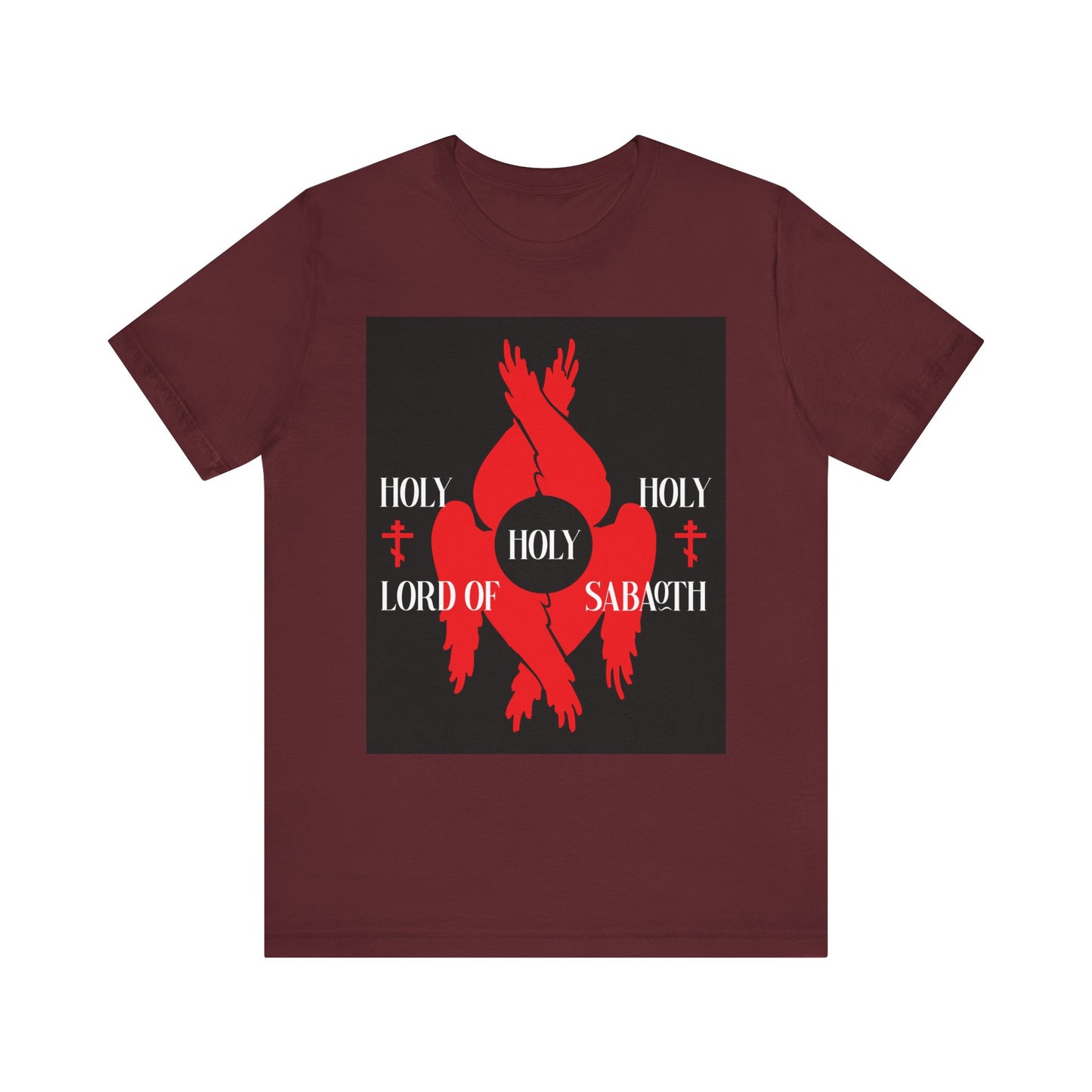 Maroon lightweight cotton unisex T-shirt with red seraphim wings, Orthodox crosses, and the words “HOLY HOLY HOLY LORD OF SABAOTH” in bold white text. Inspired by Isaiah 6:3 and the Divine Council.