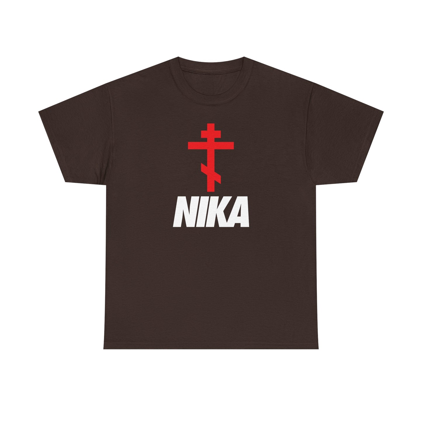 Dark chocolate t-shirt with an Orthodox cross and bold NIKA text in a minimalist design, inspired by the NIKE logo mashup; symbolizes "Jesus Christ Conquers." Made from heavy cotton for athletic ascetic Christian fashion.