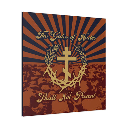 The Gates of Hades Shall Not Prevail | Cross with Wreath & Crown of Thorns | Skulls and Rays | Orthodox Christian Canvas Art