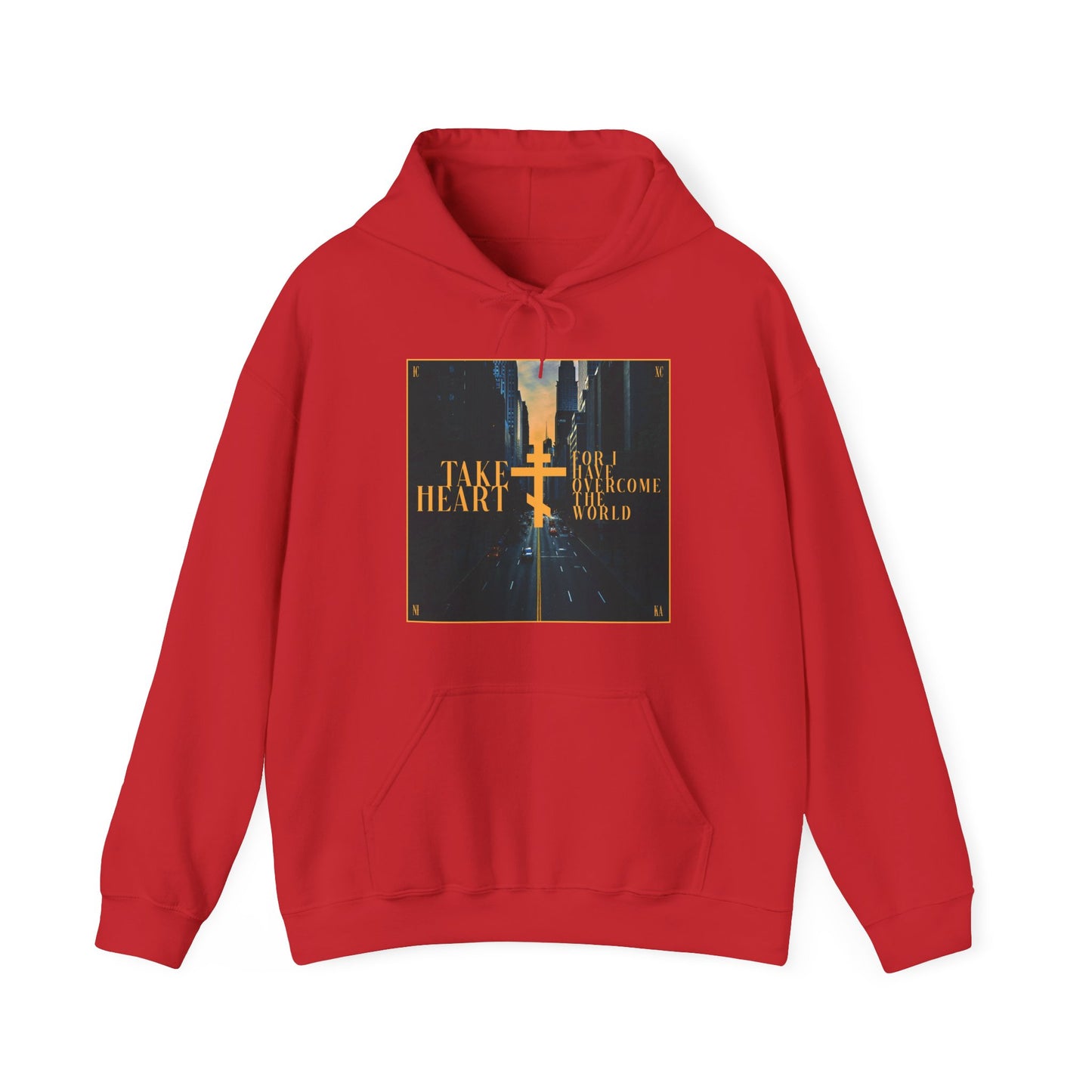 The “Take Heart, For I Have Overcome the World” Orthodox Christian hoodie features a modern city street scene graphic on red, inspired by John 16:33 and designed to inspire hope and joy.
