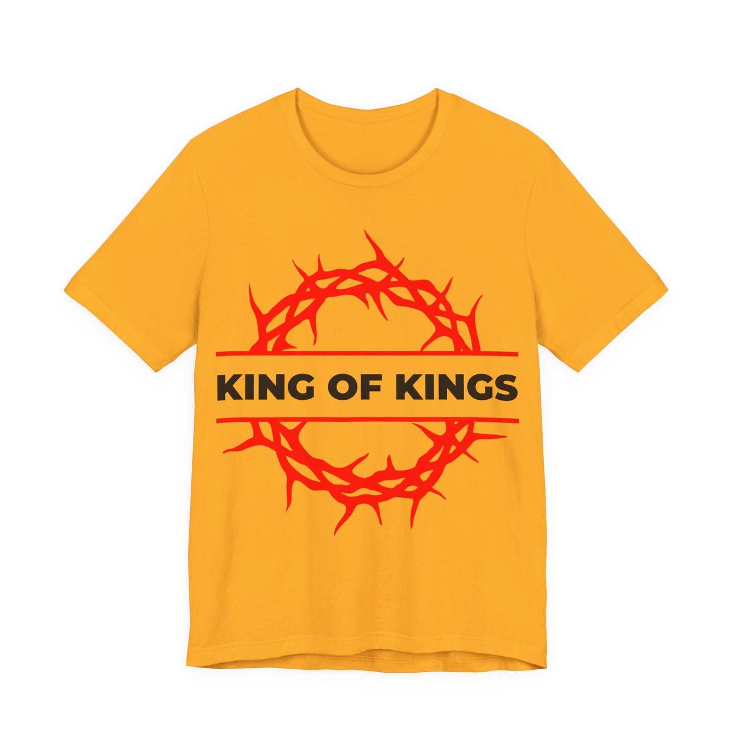 Gold unisex cotton tee featuring a red crown of thorns and "KING OF KINGS" in bold black letters, inspired by Revelation 19:16 and Christ the victorious King. Orthodox Christian design: King of Kings Crown of Thorns | The King of Glory.