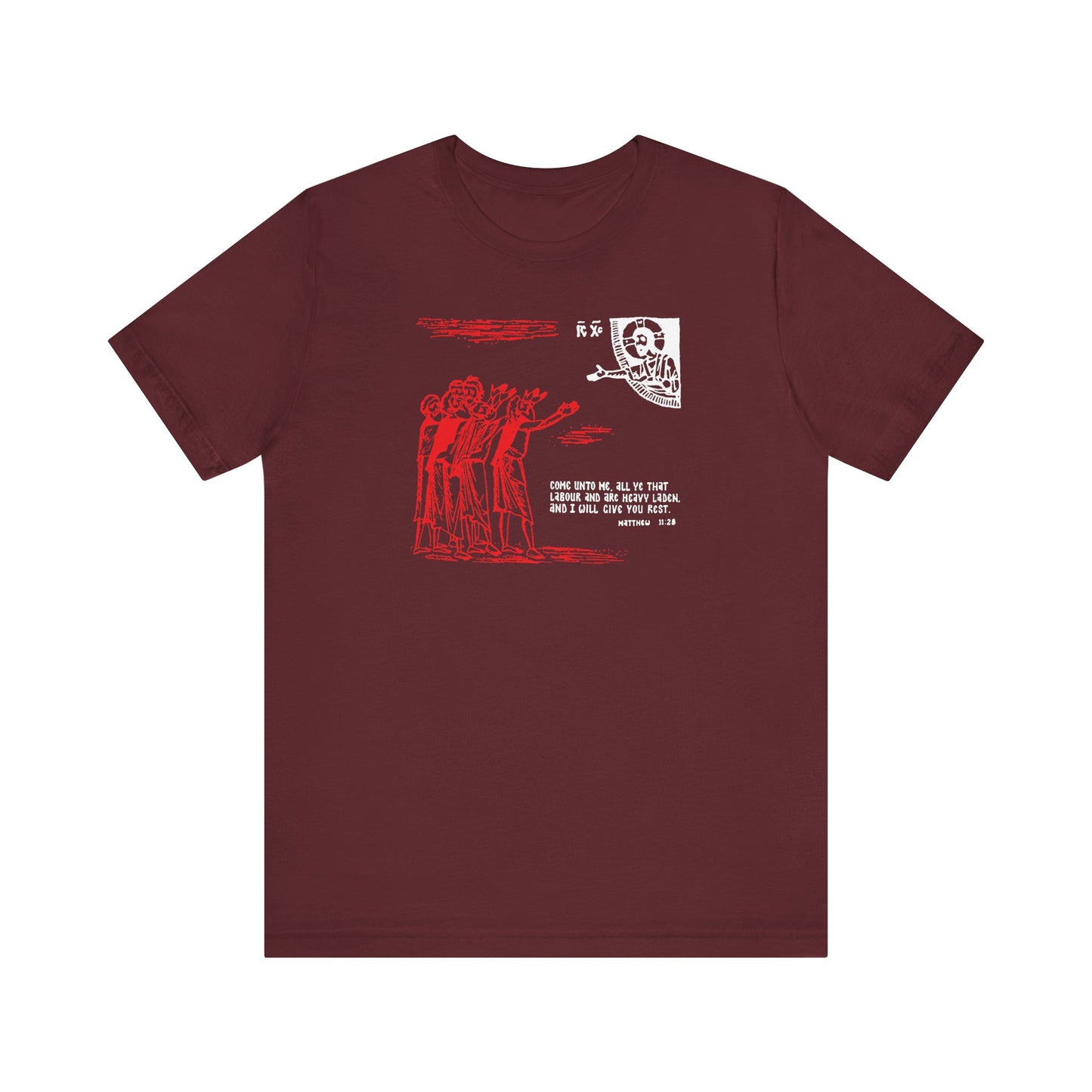 Maroon "Come Unto Me All Ye That Labour & Are Heavy Laden" Orthodox Christian cotton T-shirt featuring a red icono-graphic design and white text, inspired by St. Cyril of Alexandria.