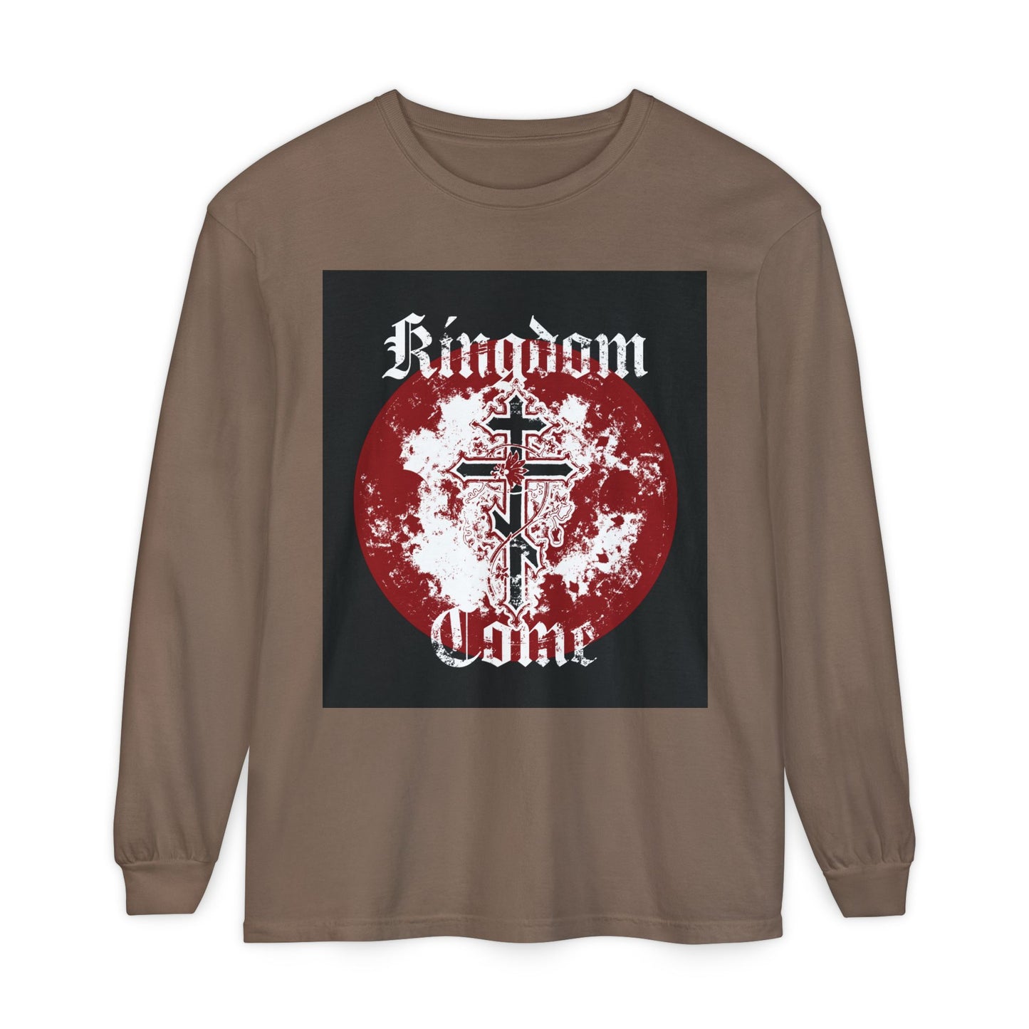 Kingdom Come | Lord's Prayer | Orthodox Cross with Vine | Textured Gothic Font | Orthodox Long Sleeve Cotton Shirt