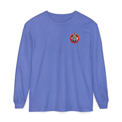 Flo Blue long sleeve cotton shirt featuring a small Seraphim angel iconographic design on the left chest—an artistic nod to the heavenly hosts of God and Christian spirituality.
