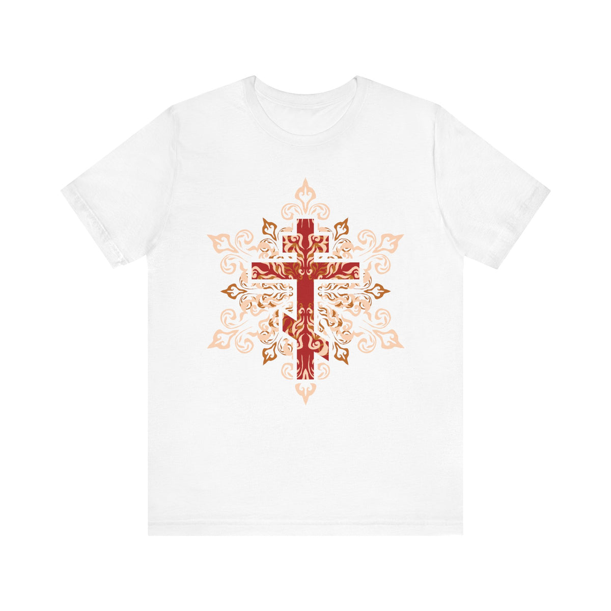 White "Ornate Red Beige & Orange Orthodox Cross" Christian lightweight cotton unisex tee, featuring a detailed red and gold cross design with decorative flame-like patterns, inspired by the teachings of St. Clement of Alexandria and bearing the message: "Glory to Thy Precious and Life-Giving Cross, O Lord.