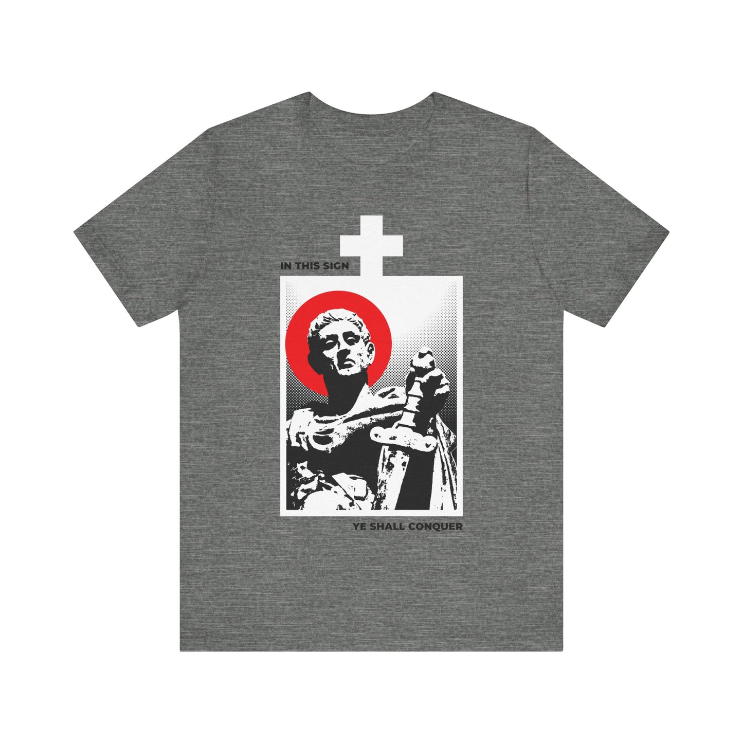 Deep Heather cotton t-shirt with a graphic of St Constantine the Great statue, red halo, white cross, and the text: "IN THIS SIGN YE SHALL CONQUER." Orthodox Christian design to inspire you to conquer your passions.