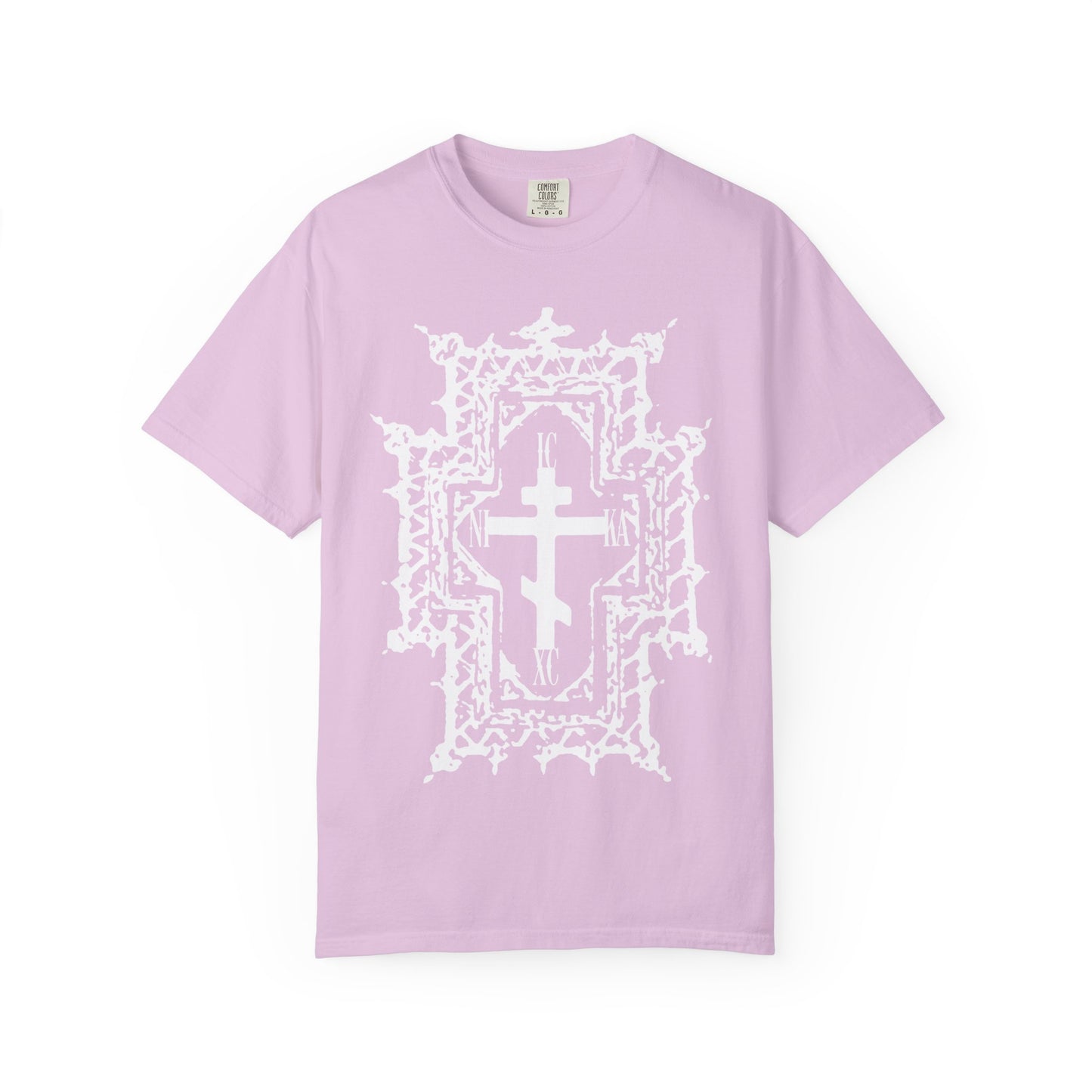 Orchid heavyweight cotton unisex tee featuring a large white, ornate Orthodox cross graphic in a Gothic cathedral style—centered on the front and inspired by the crown of thorns. The ICXC NIKA design proclaims “Jesus Christ Conquers” and “Healed By His Wounds.”.