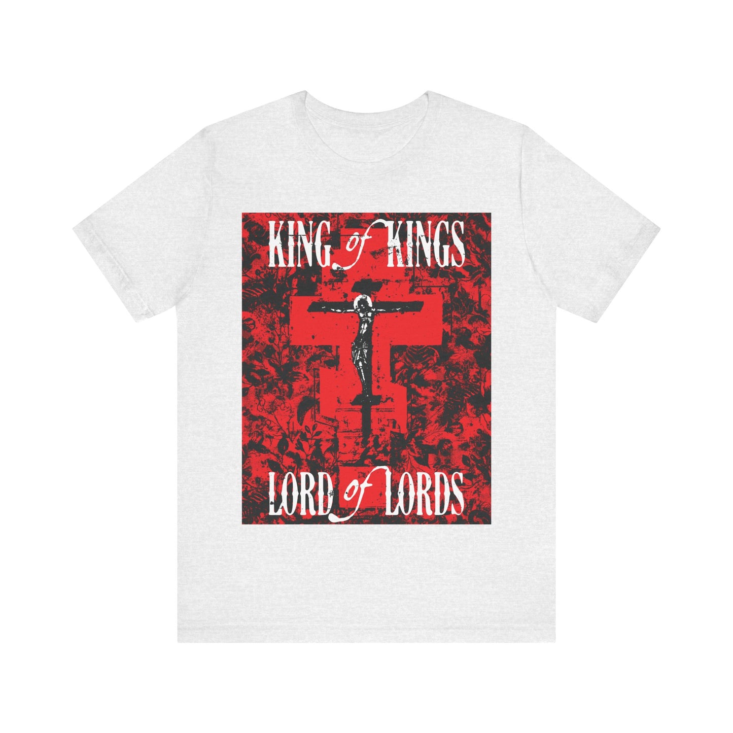 King of Kings, Lord of Lords | Christ Crucified Icono-Graphic | Red Cross Nature Texture w/ White Text | Christian Cotton T-Shirt