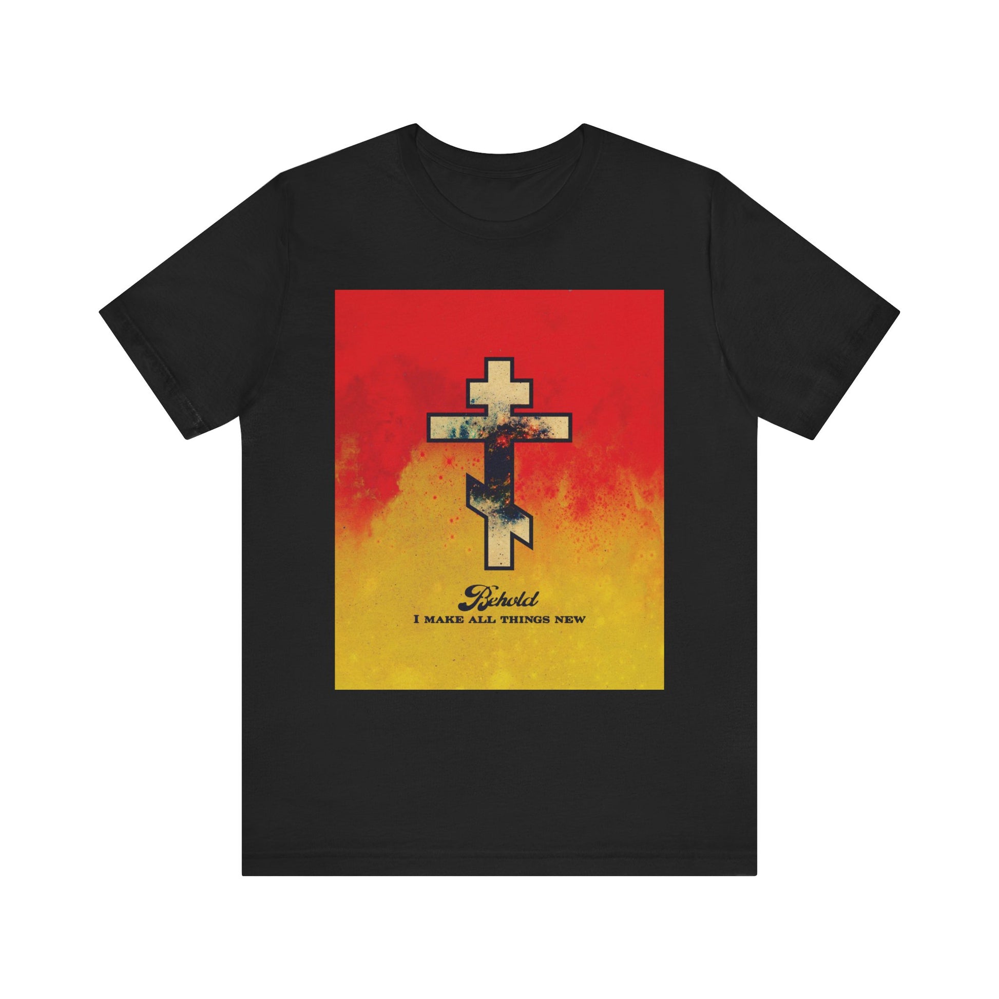 Black "Behold, I Make All Things New (Rev 21:5)" unisex tee with a cosmic Orthodox cross on a red and yellow background; lightweight cotton, inspired by new heavens and new earth verses.