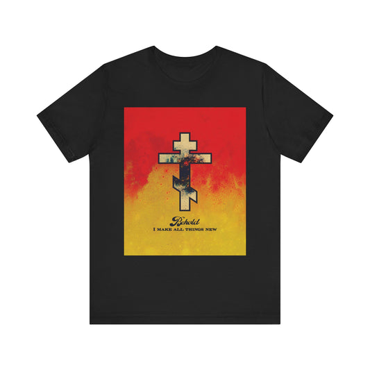 Black "Behold, I Make All Things New (Rev 21:5)" unisex tee with a cosmic Orthodox cross on a red and yellow background; lightweight cotton, inspired by new heavens and new earth verses.