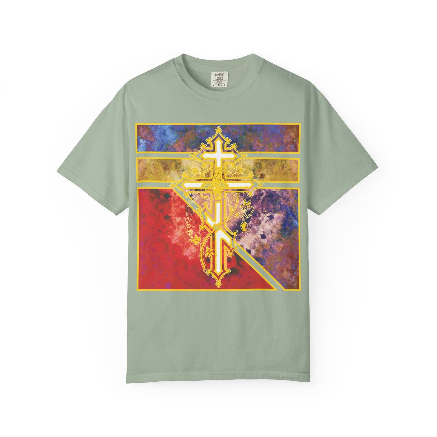 A bay-colored heavyweight cotton unisex t-shirt featuring an ornate Orthodox cross with vine design and textured geometric pattern, inspired by the life-giving Cross and the Prayer to the Venerable Cross.