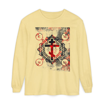IC XC NIKA Orthodox Cross | Yellow & Red Modern & Medieval Textured Floral Design | Orthodox Christian Long Sleeve Shirt