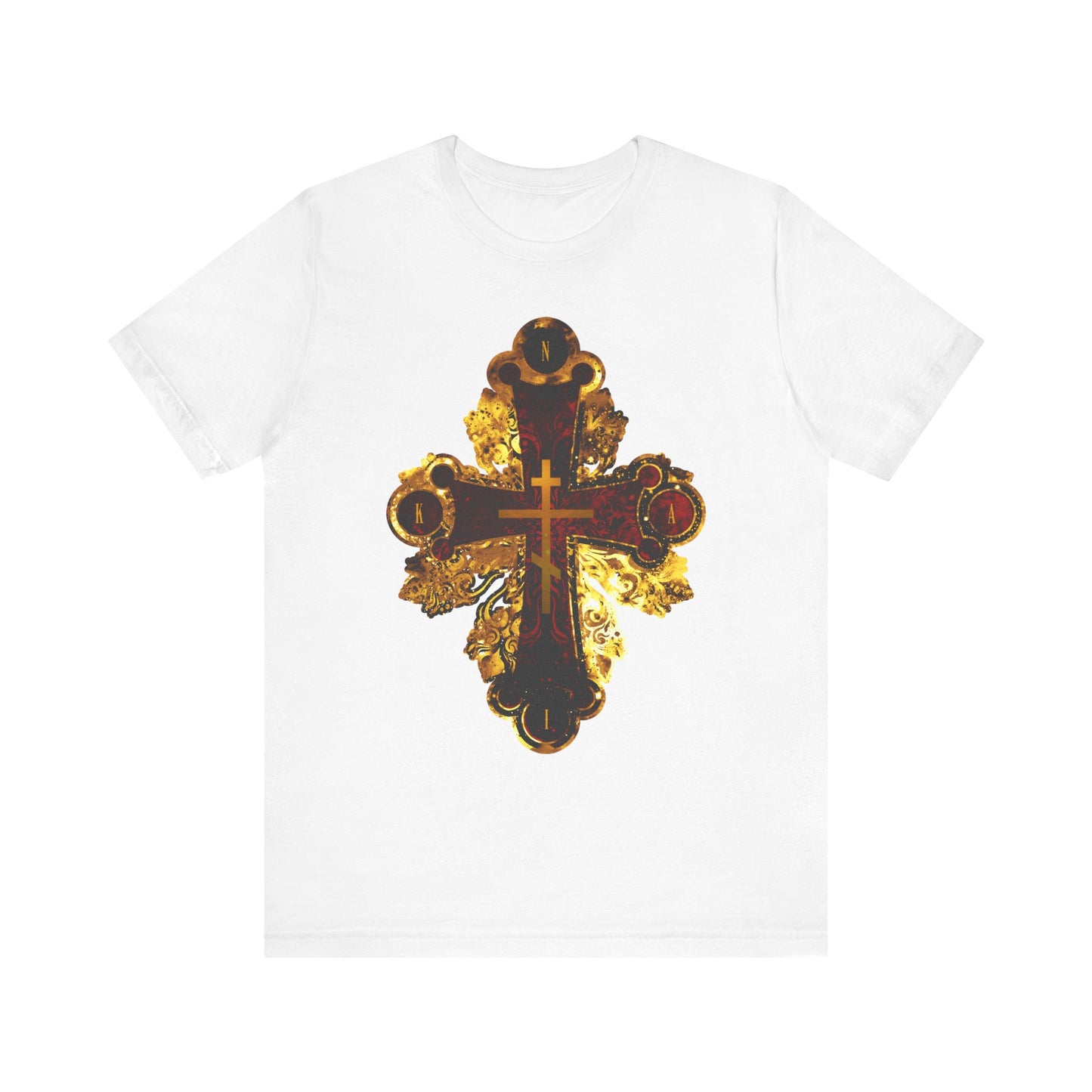White "Ornate Metallic Style Orthodox NIKA Cross" unisex t-shirt in lightweight cotton, featuring a decorative red and gold textured cross design centered on the front. Inspired by Orthodox Christian motifs.