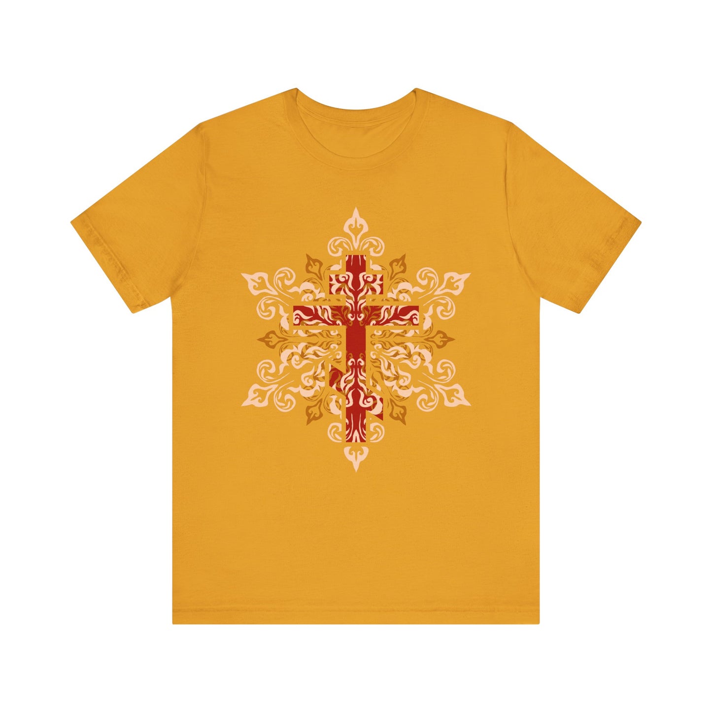 Mustard-colored lightweight cotton unisex tee featuring an ornate red, beige, and orange Orthodox cross design in the center, inspired by St. Clement of Alexandria’s teachings on bearing the cross and self-denial; emblazoned with “Glory to Thy Precious and Life-Giving Cross, O Lord.”.