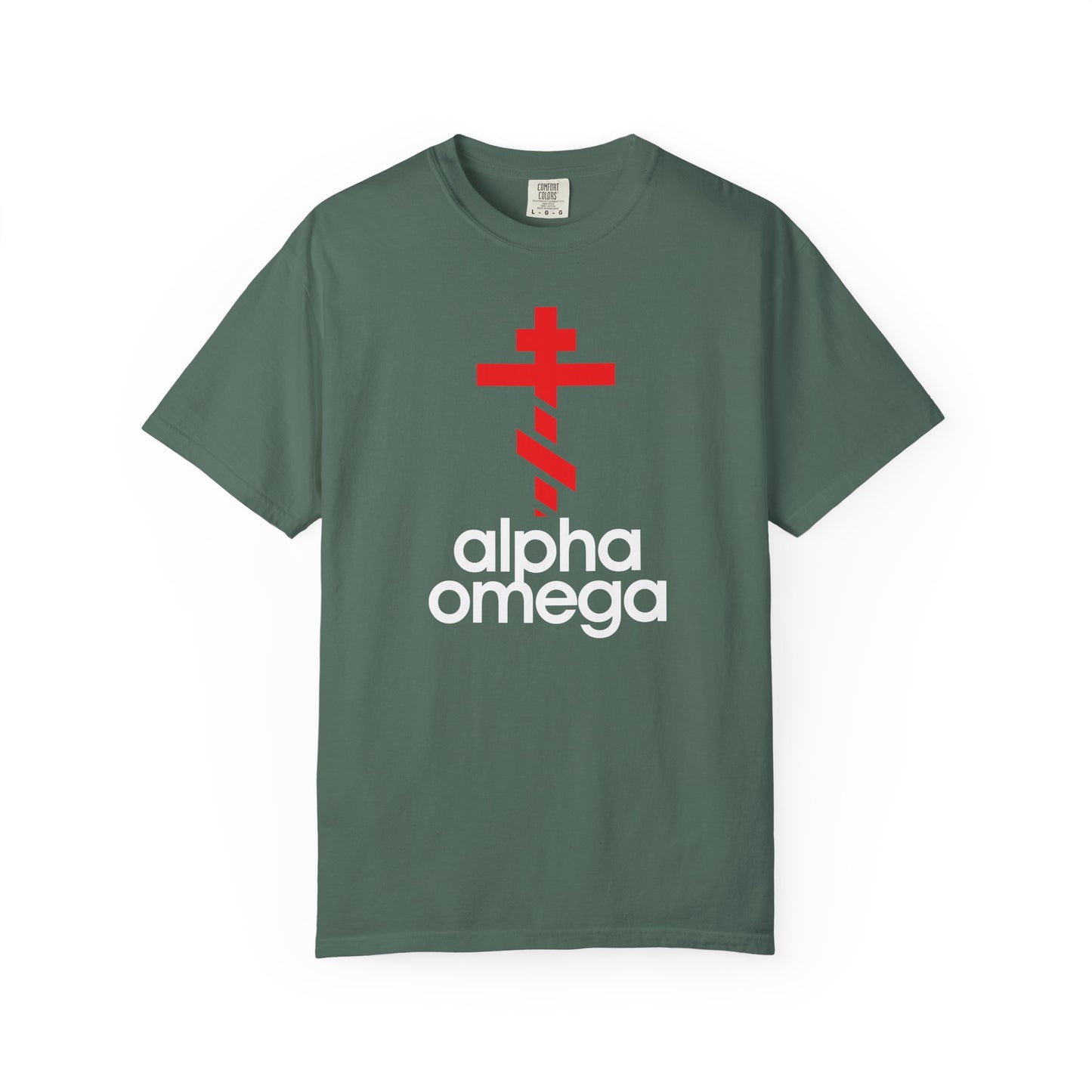 Blue Spruce t-shirt featuring a large red Orthodox cross above bold white “Alpha & Omega” lettering, inspired by a minimalist Adidas-style logo mashup and symbolizing the Christian life and spirit of prayer and repentance.