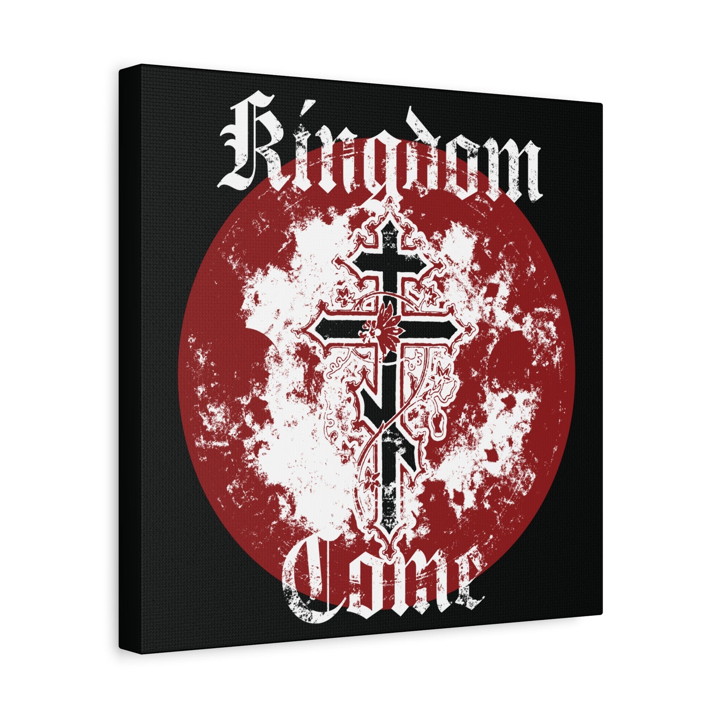 A textured Orthodox cross with vine design overlays a red circle, featuring “Kingdom Come” in bold gothic font—Orthodox Christian canvas art inspired by the Lord’s Prayer.
