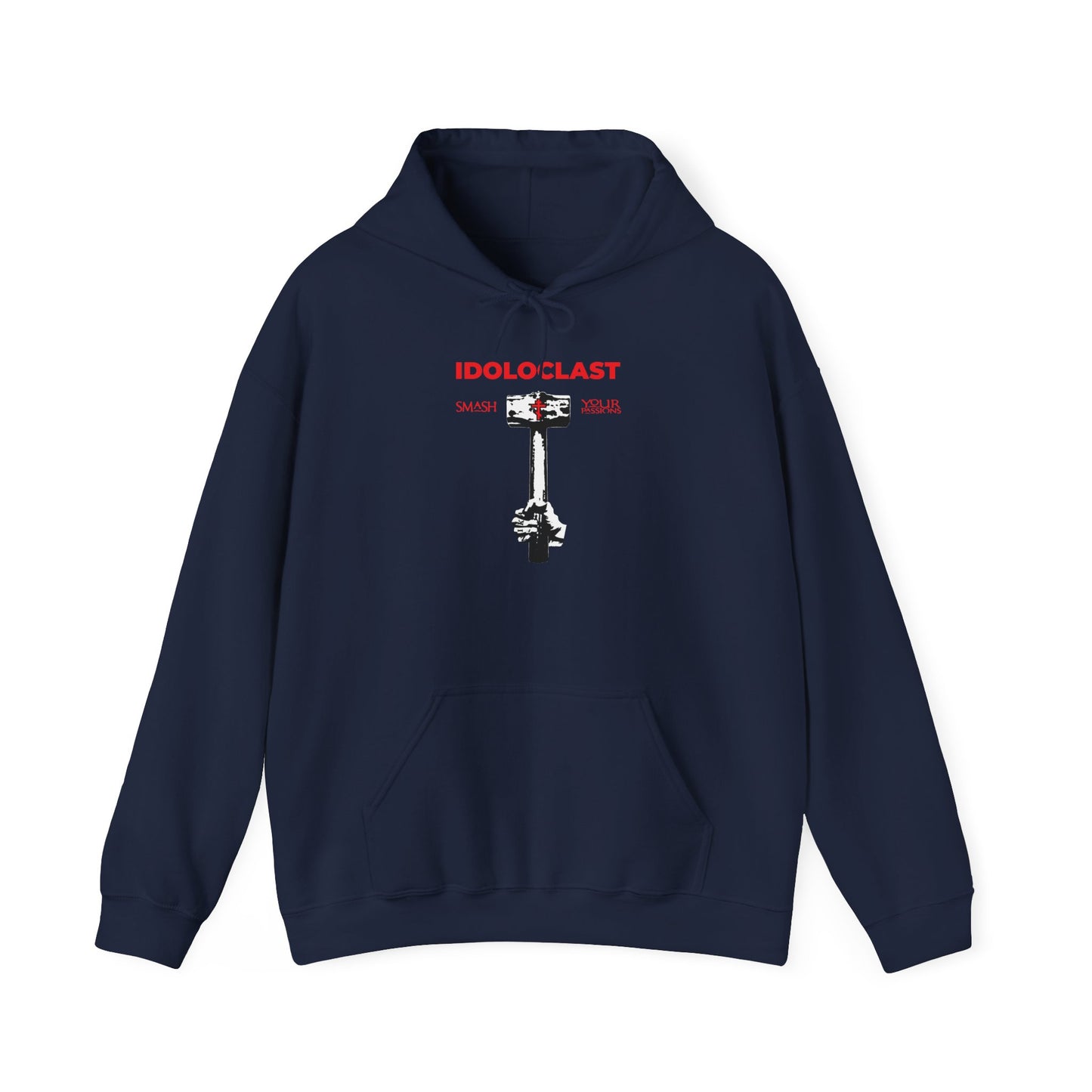 Navy "Idoloclast Idol-Smasher" hoodie featuring a graphic of Jesus' fist holding a sledgehammer beneath bold "IDOLOCLAST" text, inspired by Christian asceticism, the spirit of St. Macarius of Optina, and crowned with the phrase ICXC NIKA.