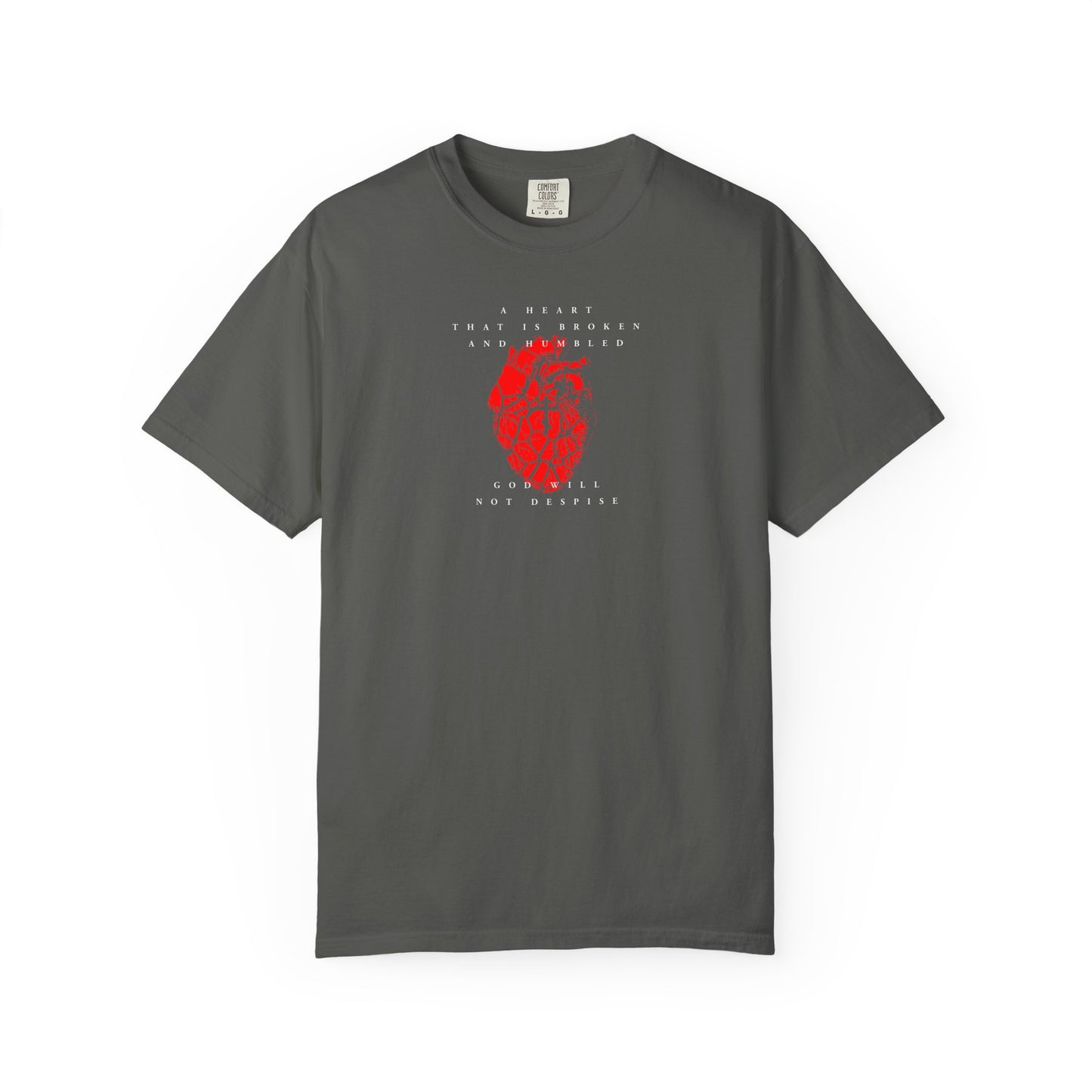 Pepper-colored unisex tee with a cracked heart and Orthodox cross design, inspired by "A Heart That is Broken and Humbled God Will Not Despise," reflecting on Psalm 51. Heavyweight cotton for comfort and durability.