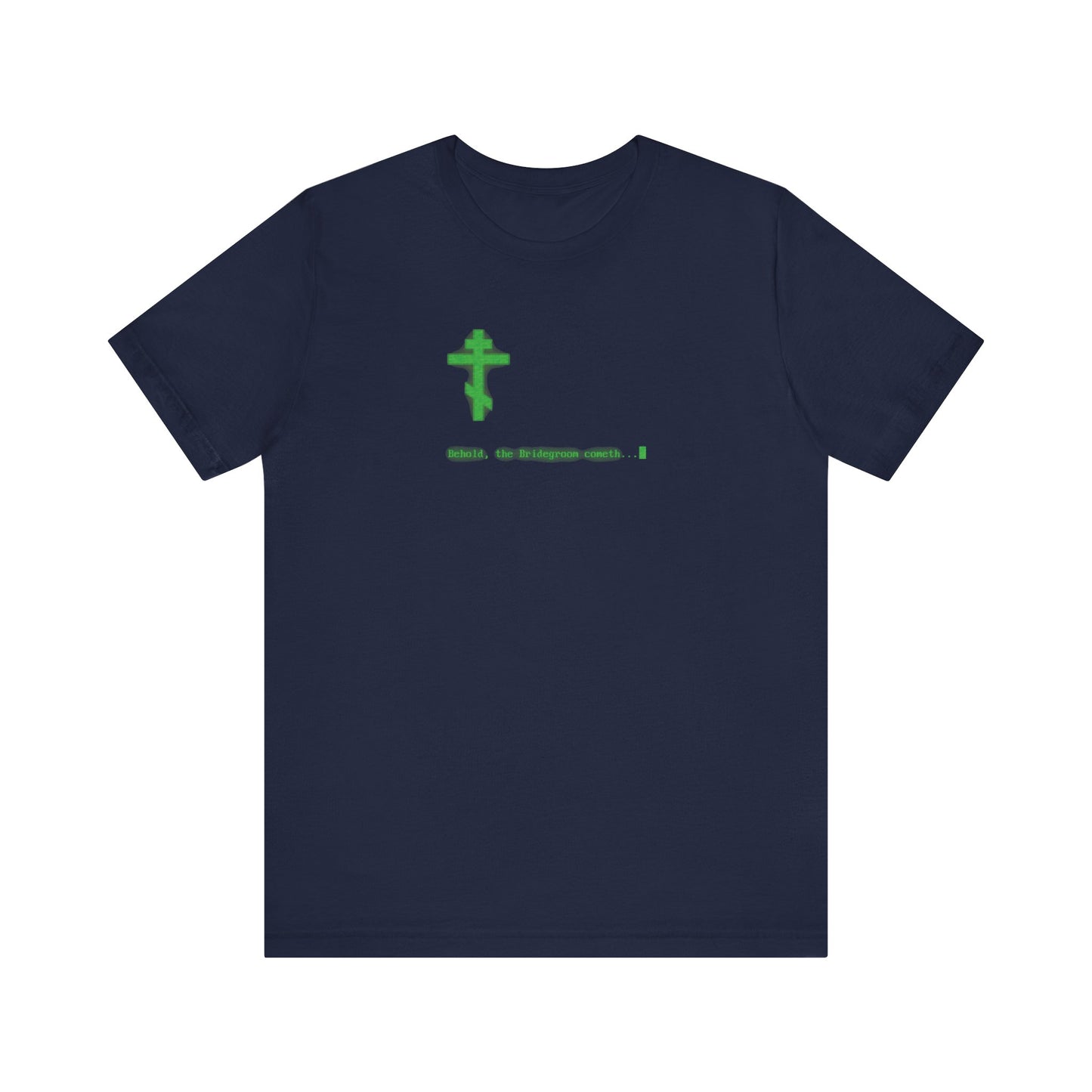 Navy "Behold the Bridegroom Cometh" t-shirt featuring retro CRT monitor-inspired glowing green text, a green cross, and Orthodox Christian motif. Lightweight cotton unisex fit.