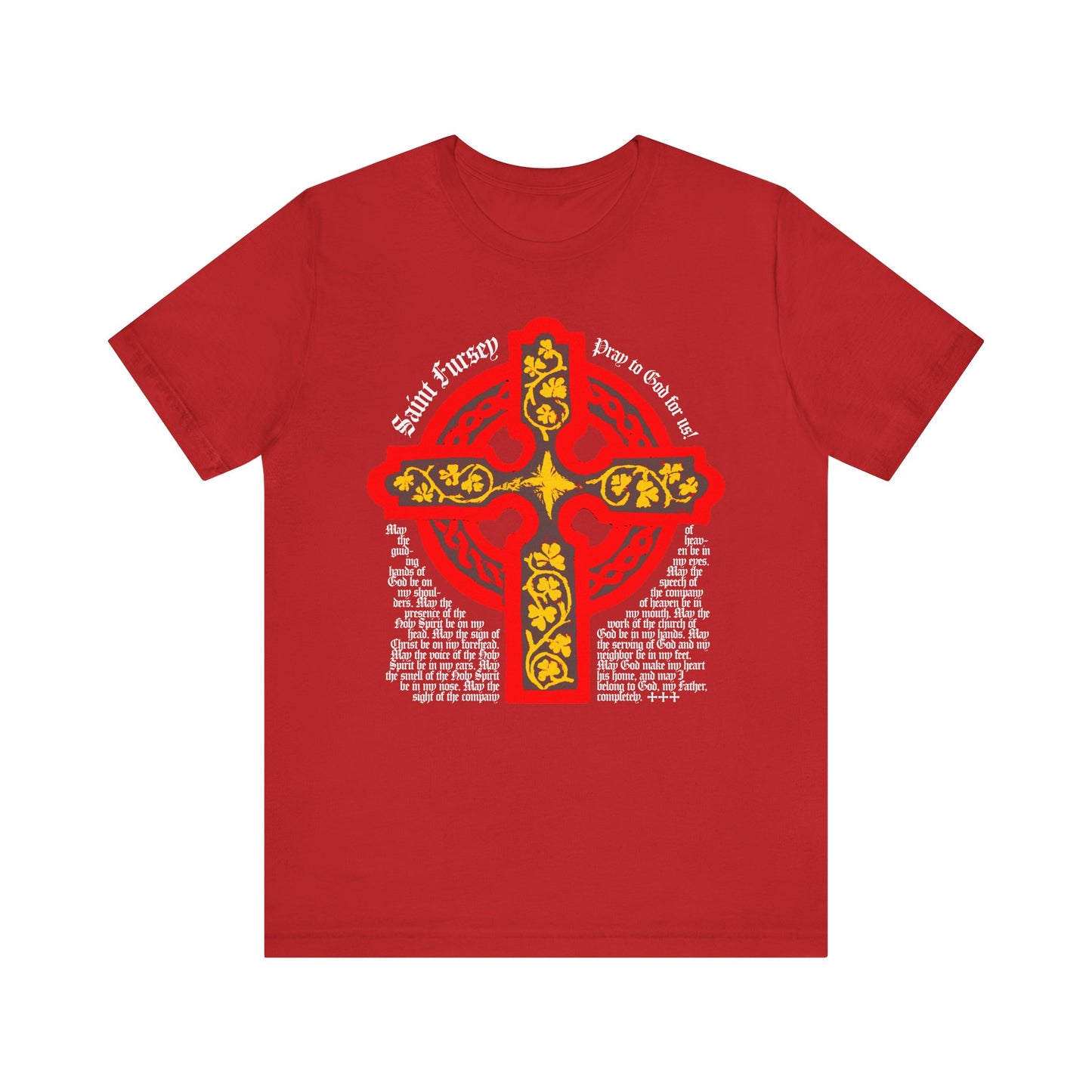 Red Lorica Shield Prayer of St Fursey tee featuring a large yellow and red Celtic cross, white text, and decorative patterns on the front. Irish Orthodox Christian unisex cotton shirt.