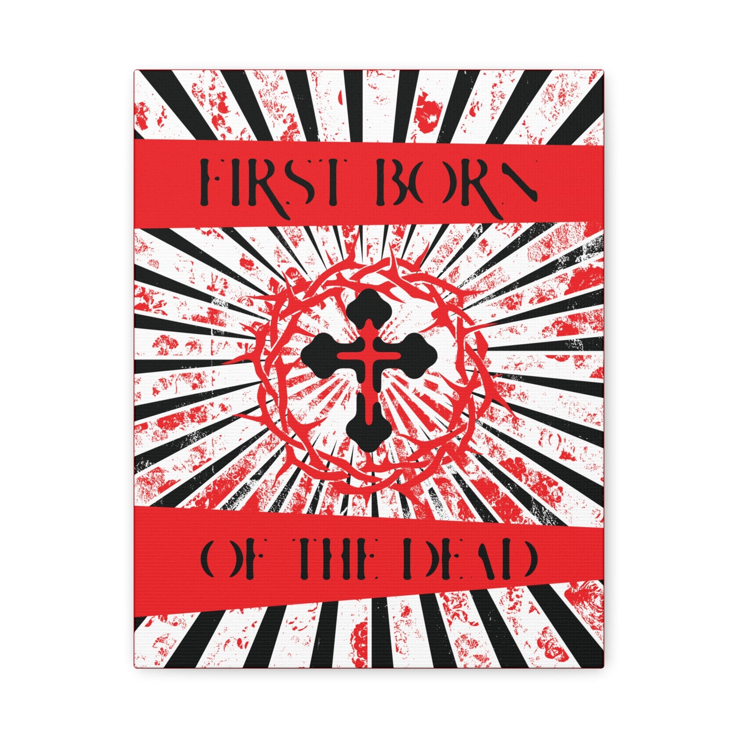 First Born of the Dead | Orthodox Cross and Crown of Thorns | Red White and Black Textured Design with Rays | Orthodox Christian Canvas Art