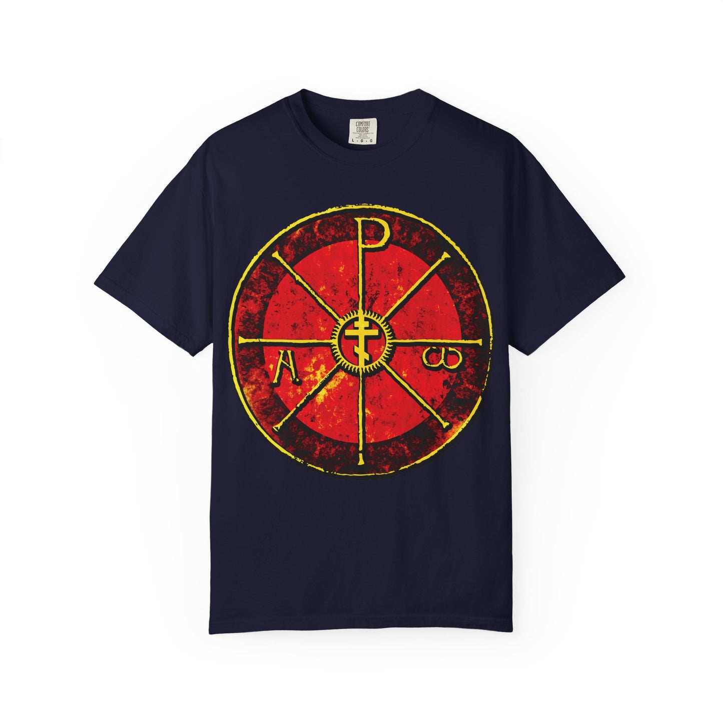 True navy heavyweight cotton t-shirt featuring the Alpha & Omega Chi Rho Orthodox Cross, an ancient Christogram with Greek letters and "In This Sign Ye Shall Conquer," inspired by Christian tradition.