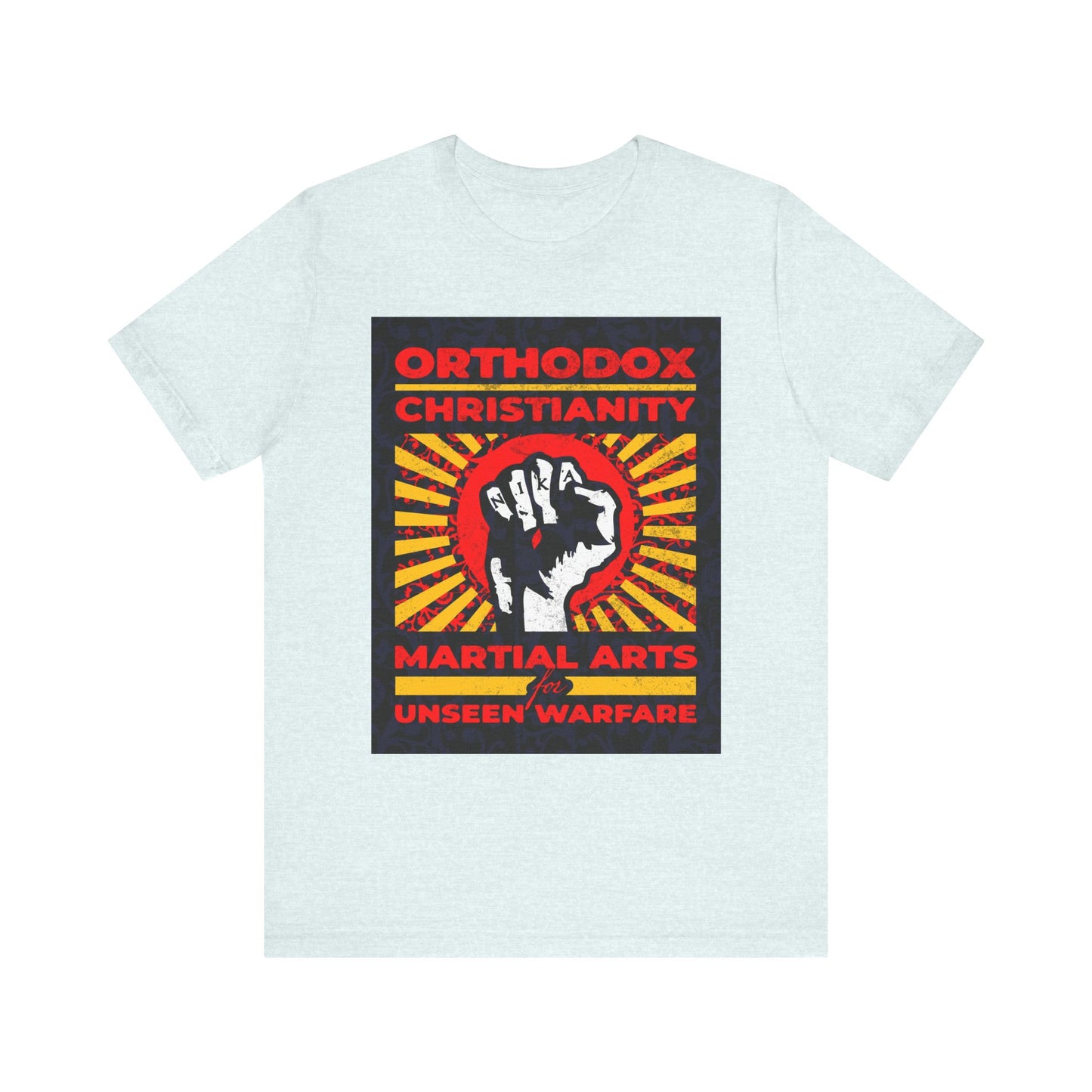 Show your faith and fighting spirit with the “Orthodox Christianity: Martial Arts for Unseen Warfare” unisex tee—a lightweight cotton shirt in heather ice blue, featuring a bold NIKA Jesus fist on a vibrant sunburst design. Perfect for those embracing the spiritual struggle and cultivating Christian virtue every day.