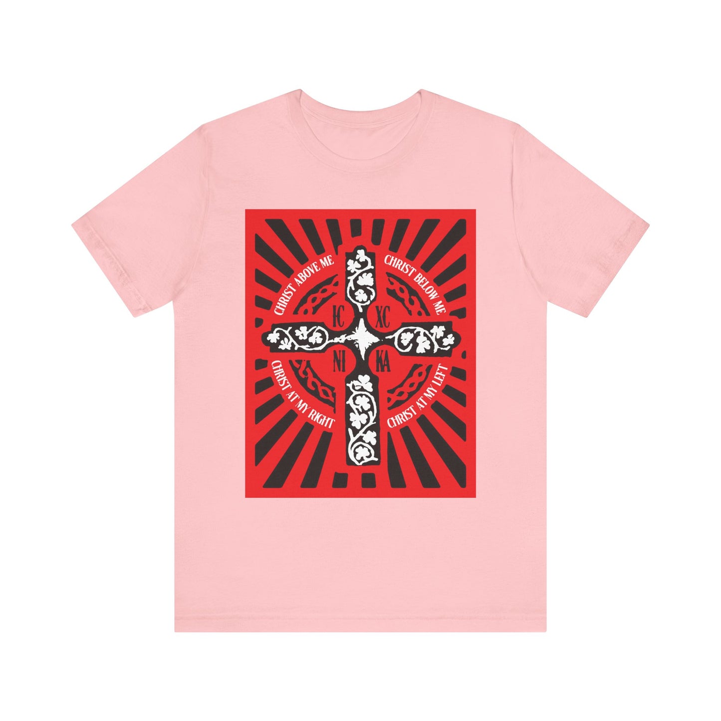 Pink Red ICXC NIKA Enniskillen Celtic Cross tee—lightweight cotton unisex shirt featuring a bold red and black cross, radiant rays, and white shield prayer text inspired by the Lorica of St. Patrick for a powerful touch of Orthodox Christian and Celtic blessing.