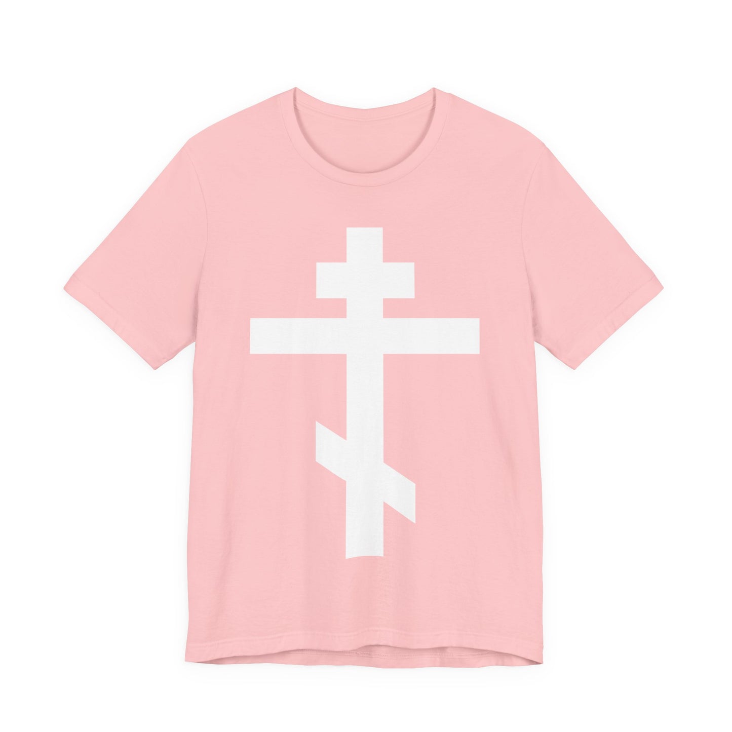 Pink unisex tee featuring a large white Orthodox cross and the text "May I never boast, except in the cross of our Lord Jesus Christ" (Gal 6:14). A bold statement of salvation and faith for Orthodox Christians.